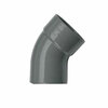 Grijze kunststof bocht met een hoek van 90 graden, gladde afwerking en cilindrische uiteinden.