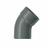 Grijze kunststof bocht van een pijp met een scherpe hoek van 90 graden. Glad oppervlak zonder zichtbare textuur.