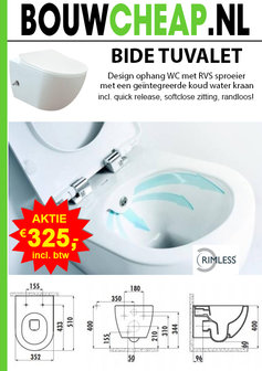 Bide Tuvalet Design ophang wc met sproeier (Bidet) Rimfree 51cm incl. Zitting flat softclosing