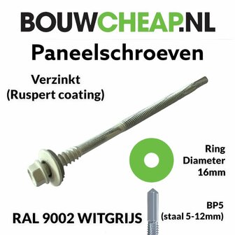 Paneelschroeven BP5 Verzinkt 5,5/6.3x120mm 16mm ring RAL 9002 WITGRIJS - 100 stuks