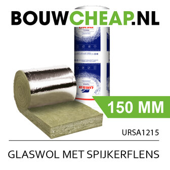 Glaswol 150 mm (URSA 12) met spijkerflens 5000x600x150mm Rd:3.75 (=3 m&sup2;)