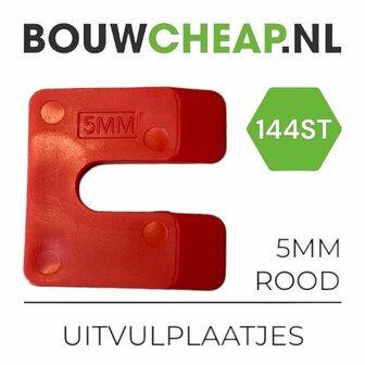 Rood uitvulplaatje in de vorm van een &quot;C&quot;, met opdruk &quot;5MM&quot; en &quot;144ST&quot;.