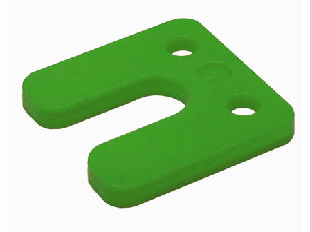 Heldere groene kunststof houder met een U-vorm en twee gaatjes aan de bovenzijde.