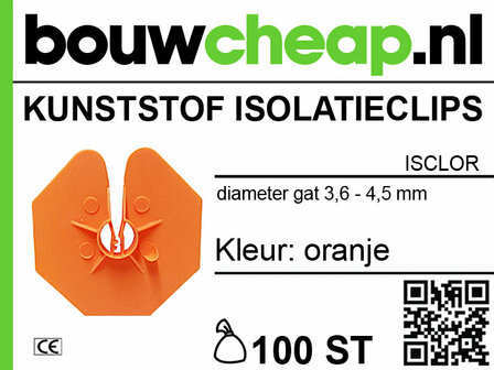 Oranje kunststof isolatieclips met een opening van 3,6 - 4,5 mm, verpakt in een doos met het logo van bouwcheap.nl.
