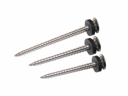 Drie metalen schroeven met een gladde schacht en een zwarte rubberen ring onder de kop.