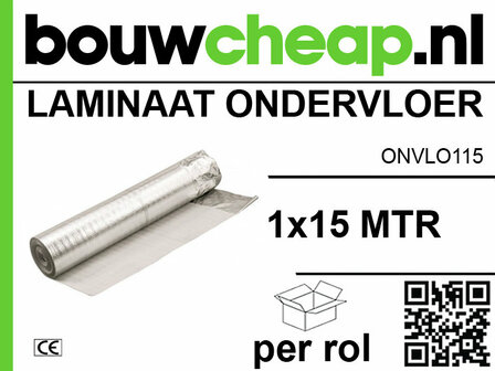 Zilverachtige ondervloerrol van laminaat, 1x15 meter, met groen-wit logo en QR-code op een lichte achtergrond.