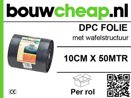 Zwarte DPC folie met wafelstructuur, 10cm x 50m, verpakt per rol, met merklogo en QR-code rechtsonder.