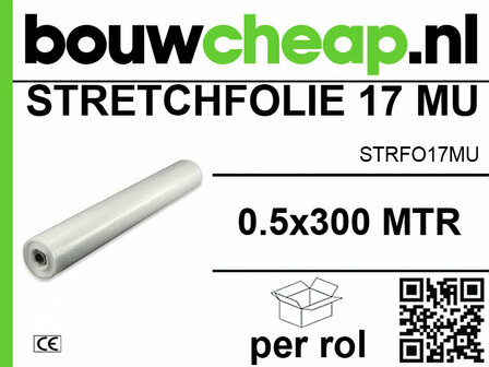 Witte stretchfolierol van 0,5 x 300 meter met groen logo en duidelijke productinformatie. Verpakt per rol.
