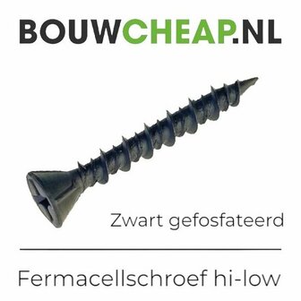 Zwarte fermacellschroef met scherpe schroefdraad en een verzonken kop, geschikt voor houtverbindingen.