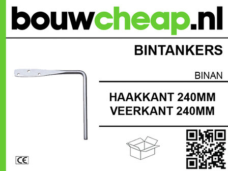 Metallic haak met een haakkant en veerkant van 240 mm, naast een doosicoon en een QR-code.