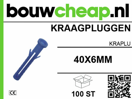 Blauwe kraagpluggen in pak van 100 stuks, met indicator voor maat 40x6 mm en een logo van bouwcheap.nl.