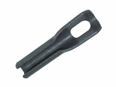Zwarte metalen pen met een open structuur en een langwerpige vorm, geschikt voor bevestiging of koppeling.