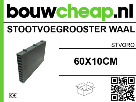 Grijze kunststof stootvoegrooster met ribbels, afmetingen 60x10 cm, merklogo Bouwcheap.nl in groene letters.