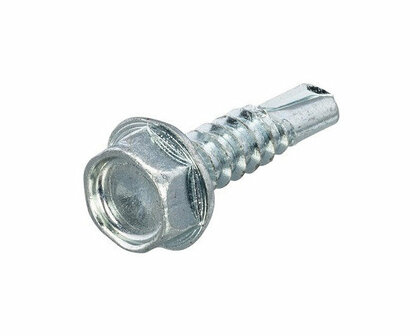 Een metalen schroef met een ronde, vlakke kop en een schroefdraad die naar beneden loopt, glanzend en zilverkleurig.