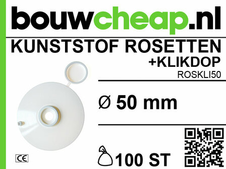 Witte kunststof rozetten met een klikdop, diameter 50 mm, verpakt per 100 stuks, met het merklogo van Bouwcheap.nl.