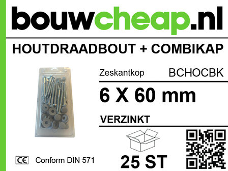 Zeskantige schroeven en ringen in verpakking met specificaties, barcode en logo op een groene en zwarte achtergrond.