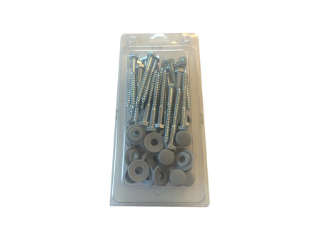 Verpakking met zilveren schroeven en ronde ringen, zichtbaar in een doorzichtige plastic blisterverpakking.