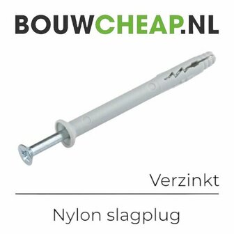 Grijze nylon slagplug met metalen schroef en verzinkte kop, staande op een witte achtergrond met tekst bovenaan.