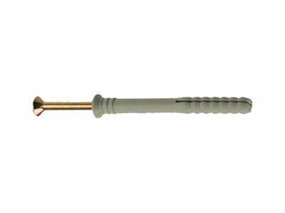 Grijze plug met een metalen schroef en een gouden afwerking, ontworpen voor eenvoudige bevestiging in muren.
