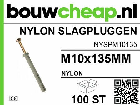 Nylon slagpluggen in lichtgrijze kleur, maat M10x135MM, gepresenteerd op een wit label met zwarte en groene tekst.