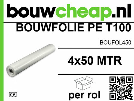 Transparante bouwfolie van PE T100, 4x50 meter, verpakt op een rol met een groen en zwart merklogo.
