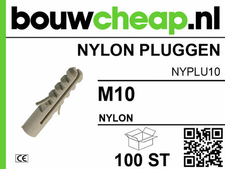 Nylon pluggen in lichtgrijze kleur, met een schematische doos en productinformatie in zwart-wit en groen.