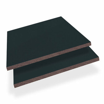 Dik, donkerblauwe plaat van stevig materiaal met een nette, gladde afwerking en een bruine kern aan de randen.