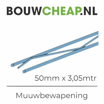 Stalen wapeningsstaven in blauw, met afmetingen 50mm x 3,05m, onder &#039;BouwCheap.nl&#039;.