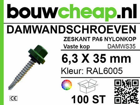 Donkergroene damwall-schoeven met een zeshoekige nylonkop en schroefdraad, maat 6,3 x 35 mm, verpakking van 100 stuks.