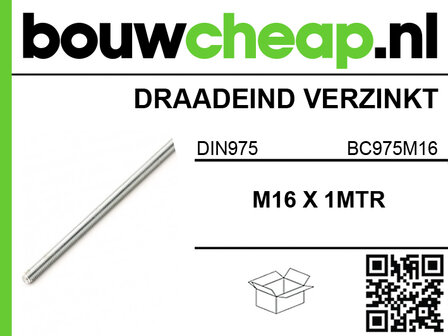 Verzinkte M16 draadeind van 1 meter lang, met een stevig metalen uiterlijk en een groen en zwart logo van bouwcheap.nl.