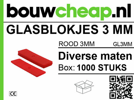 Rode glasblokjes van 3 mm, gepresenteerd in een doos met 1000 stuks en verschillende maten, met een QR-code en een illustratie van een doos.
