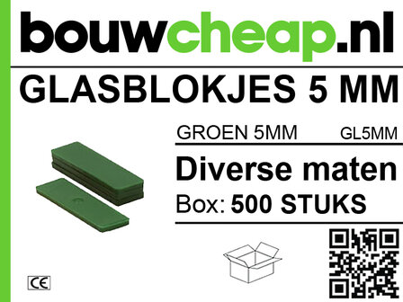 Groene glasblokjes van 5 mm met verpakking, inclusief informatie en QR-code, in een witte en groene lay-out.