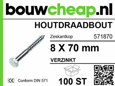 Houten schroef met zeskantkop, verzinkt, 8 x 70 mm, in verpakking van 100 stuks. Bouwcheap-logo zichtbaar.