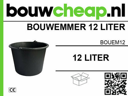 Zwarte kunststof bouwemmer van 12 liter met groene en zwarte tekst en een QR-code rechtsonder.