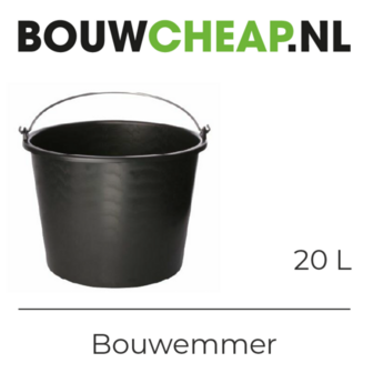 Zwarte kunststof bouwemmer van 20 liter met een metalen handvat. Geschikt voor diverse bouw- en klusprojecten.