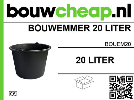 Zwarte bouwemmer van 20 liter met merklogo en QR-code, afgebeeld op een lichtgroene achtergrond.