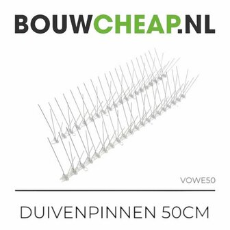 Transparante duivenpin met scherpe metalen punten, gemonteerd op een witte basis, geschikt voor het afschrikken van vogels.