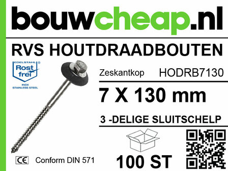 RVS houtdraadbouten met zeskantkop, 7 x 130 mm, verpakking van 100 stuks. Inclusief 3-delige sluitingschelp.
