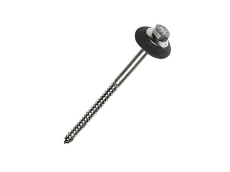 Roestvrijstalen schroef met een zwarte rubberen ring en een zeskantige kop, geschikt voor stevige bevestigingen.