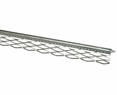 Een lang, zilver metalen rooster met een diagonale bladerstructuur en een rechte rand aan een zijde.