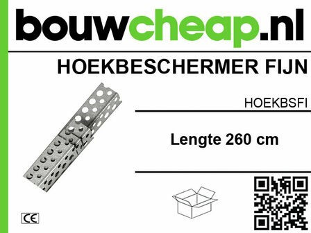 Hoekbeschermer van fijn staal, 260 cm lang, met een geperforeerd ontwerp en merklogo van Bouwcheap.