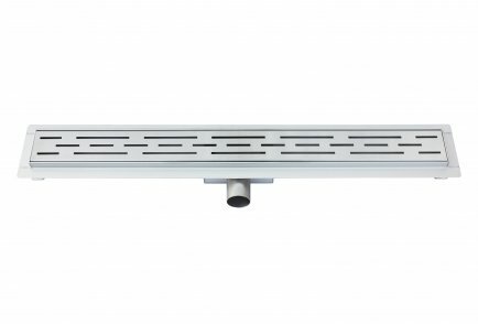 Langwerpige, metalen afvoerput met perforaties en een centrale uitlaat voor waterafvoer.