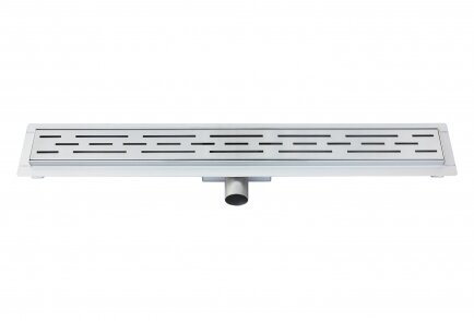 Langwerpige, metalen afvoergoot met een strak design en verticale inkepingen, voorzien van een ronde aansluiting aan de onderzijde.