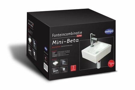 Zwarte doos met een witte wastafel en kraan op de voorkant, met specificaties en een compleet setlabel.