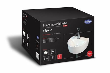 Een zwarte doos met witte tekst en afbeelding van een hoekfontein met kraan en bijbehorende onderdelen.