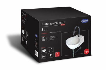 Zwarte doos met witte afbeelding van een fonteintje en kraan, met specificaties en het label &quot;Fonteincombinatie Sun&quot;.