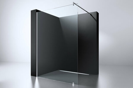Transparante glazen douchewand met een zwarte achtergrond en een metalen handgreep, tegen een lichte muur.