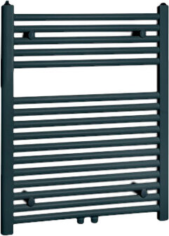 Rechthoekige, zwart gelakte handdoekradiator met horizontale en verticale buizen, met een modern ontwerp.