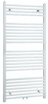 Witte handdoekradiator met meerdere horizontale buizen en een moderne, strakke vormgeving.