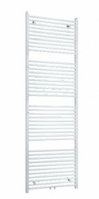Witte radiator met meerdere horizontale buizen, verticaal gemonteerd aan de muur.